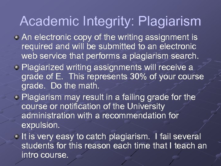 Academic Integrity: Plagiarism An electronic copy of the writing assignment is required and will