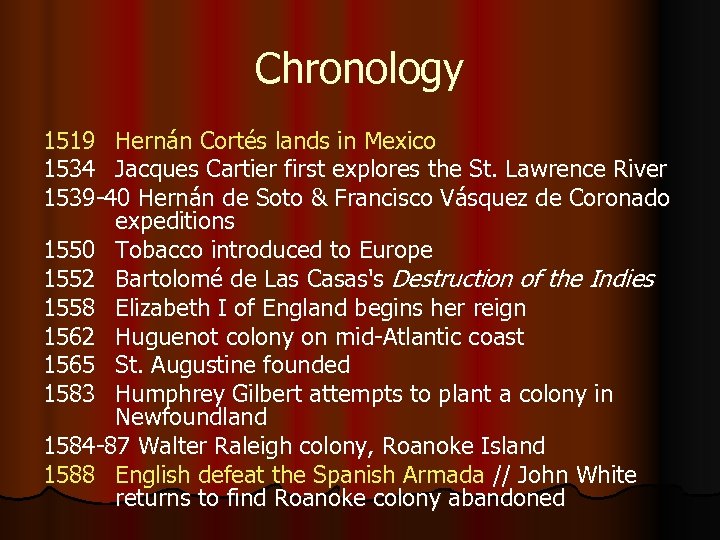 Chronology 1519 Hernán Cortés lands in Mexico 1534 Jacques Cartier first explores the St.