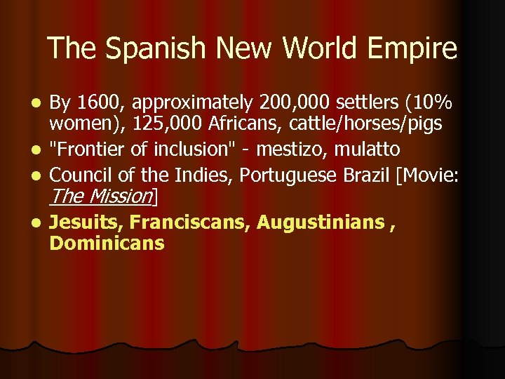 The Spanish New World Empire By 1600, approximately 200, 000 settlers (10% women), 125,