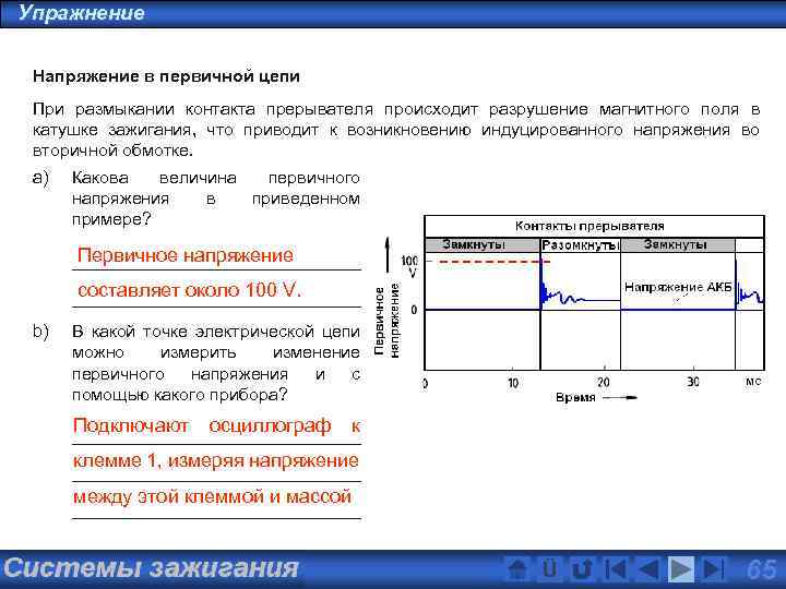 Первичные цепи. При размыкании контактов прерывателя. Анализ первичной цепи зажигания. Размыкание контакта прерывателя.