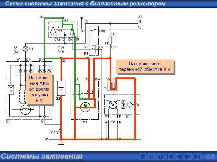 Схема системы зажигания с балластным резистором Напряжение в первичной обмотке 9 V Напряжение АКБ