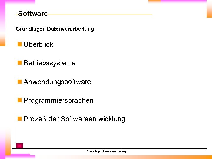 Software Grundlagen Datenverarbeitung n Überblick n Betriebssysteme n Anwendungssoftware n Programmiersprachen n Prozeß der