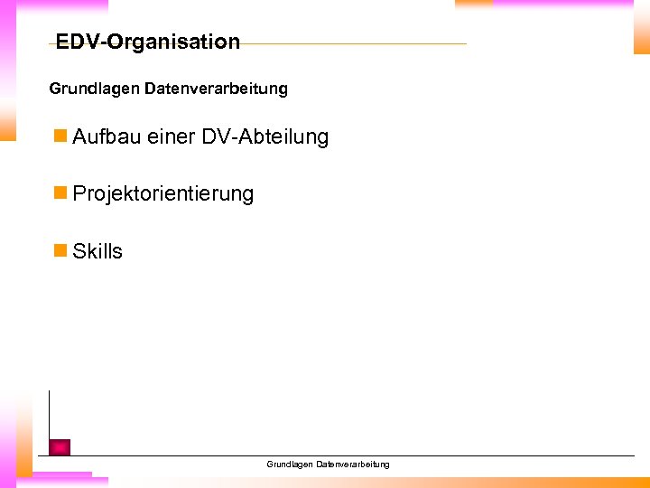 EDV-Organisation Grundlagen Datenverarbeitung n Aufbau einer DV-Abteilung n Projektorientierung n Skills Grundlagen Datenverarbeitung 