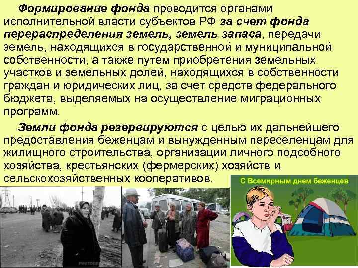 Формирование фонда проводится органами исполнительной власти субъектов РФ за счет фонда перераспределения земель, земель