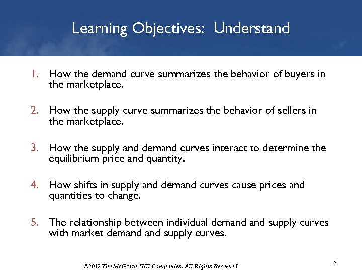 Learning Objectives: Understand 1. How the demand curve summarizes the behavior of buyers in