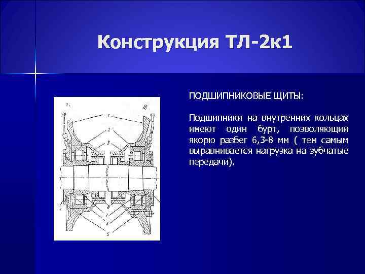 Конструкция ТЛ-2 к 1 ПОДШИПНИКОВЫЕ ЩИТЫ: Подшипники на внутренних кольцах имеют один бурт, позволяющий