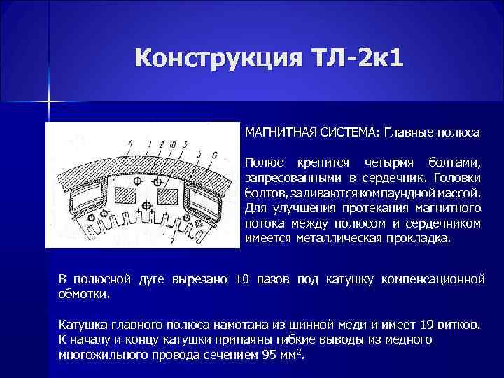 Конструкция ТЛ-2 к 1 МАГНИТНАЯ СИСТЕМА: Главные полюса Полюс крепится четырмя болтами, запресованными в