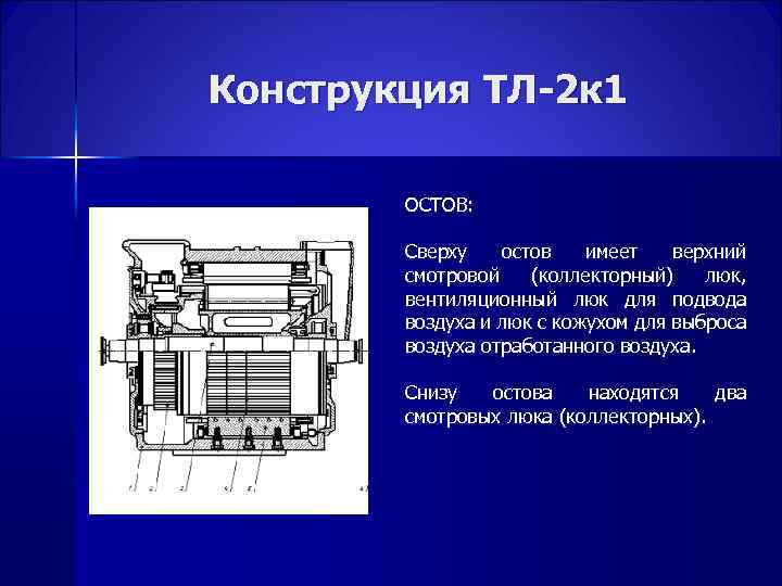 Конструкция ТЛ-2 к 1 ОСТОВ: Сверху остов имеет верхний смотровой (коллекторный) люк, вентиляционный люк