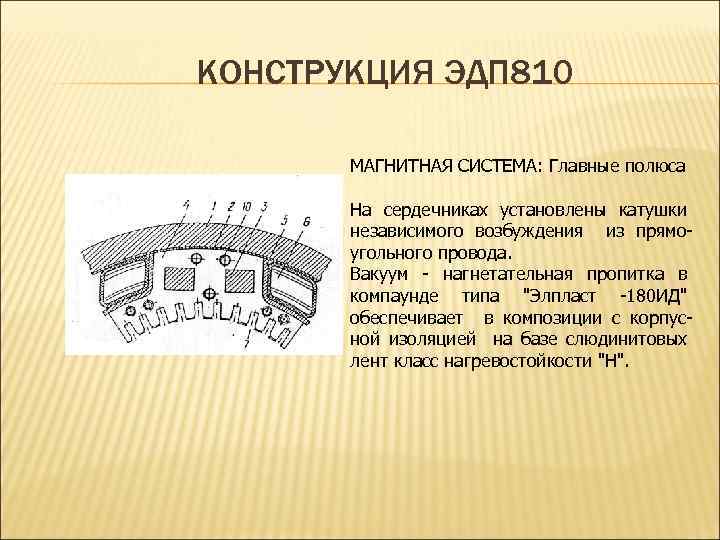 КОНСТРУКЦИЯ ЭДП 810 МАГНИТНАЯ СИСТЕМА: Главные полюса На сердечниках установлены катушки независимого возбуждения из