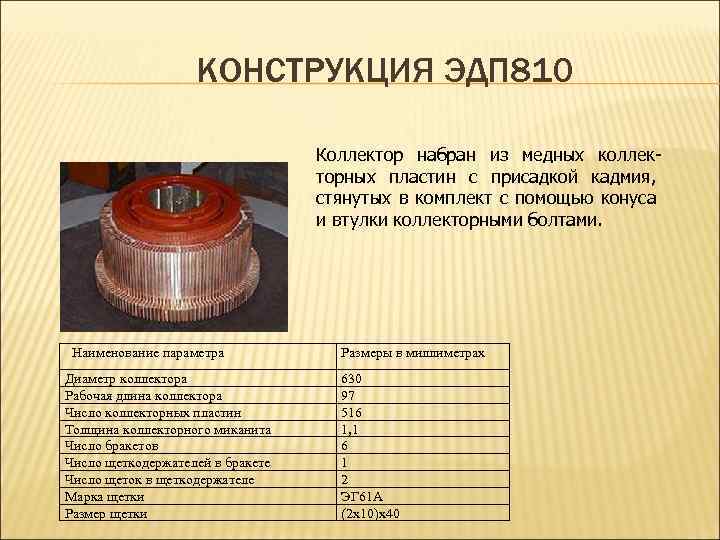 КОНСТРУКЦИЯ ЭДП 810 Коллектор набран из медных коллекторных пластин с присадкой кадмия, стянутых в