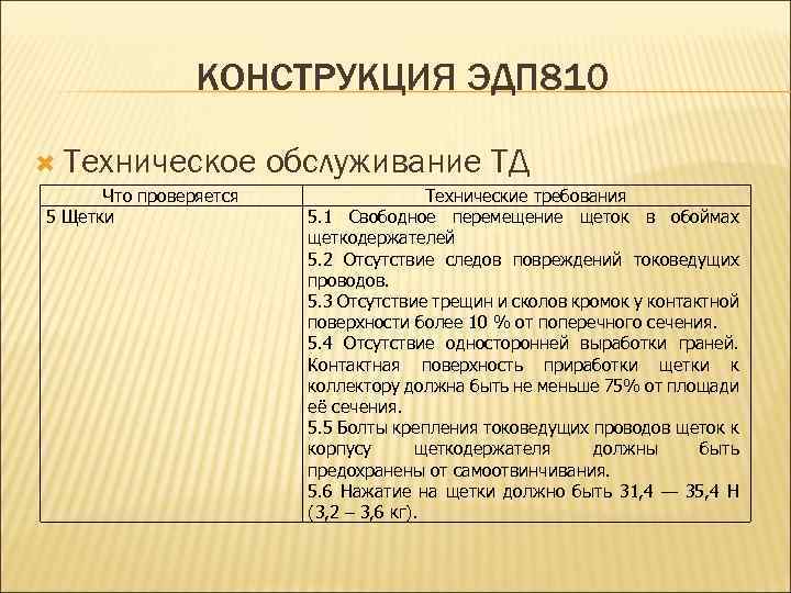 КОНСТРУКЦИЯ ЭДП 810 Техническое Что проверяется 5 Щетки обслуживание ТД Технические требования 5. 1