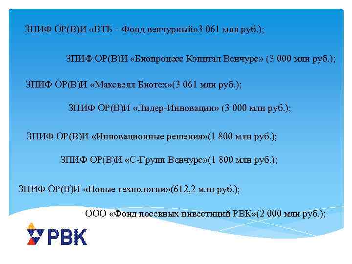 ЗПИФ ОР(В)И «ВТБ – Фонд венчурный» 3 061 млн руб. ); ЗПИФ ОР(В)И «Биопроцесс