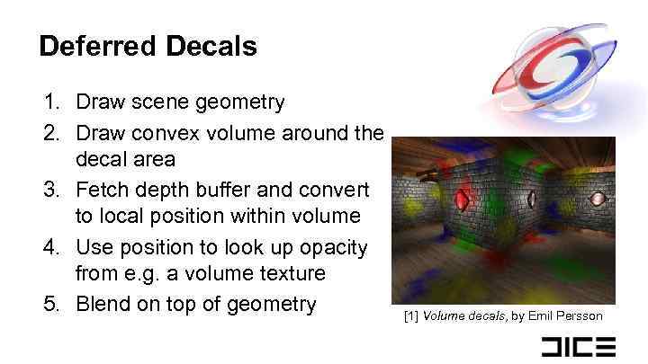 Deferred Decals 1. Draw scene geometry 2. Draw convex volume around the decal area