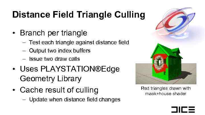 Distance Field Triangle Culling • Branch per triangle – Test each triangle against distance