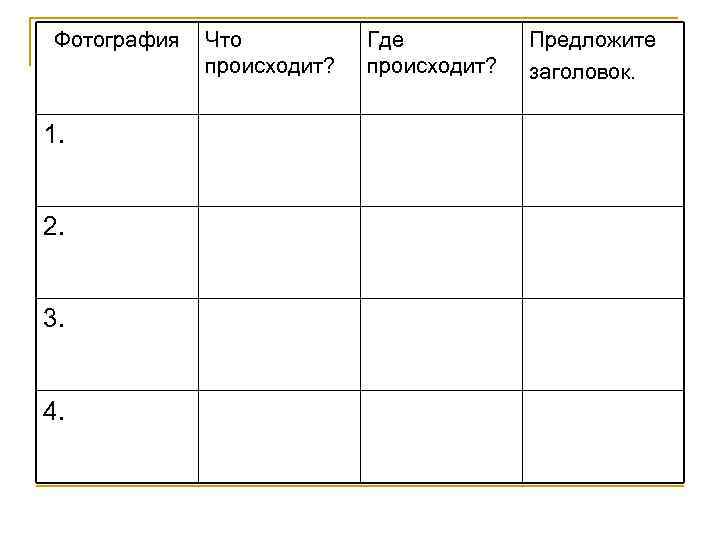 Фотография 1. 2. 3. 4. Что происходит? Где происходит? Предложите заголовок. 