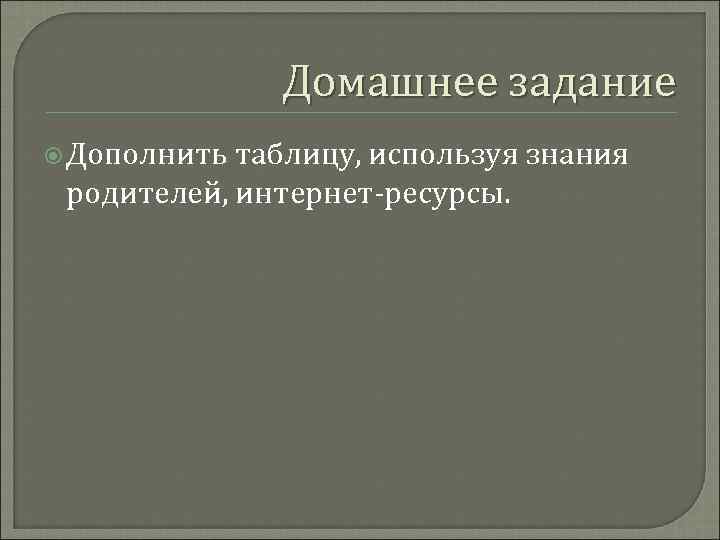 Домашнее задание Дополнить таблицу, используя знания родителей, интернет-ресурсы. 