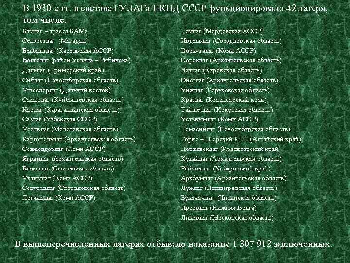 В 1930 -е гг. в составе ГУЛАГа НКВД СССР функционировало 42 лагеря, том числе: