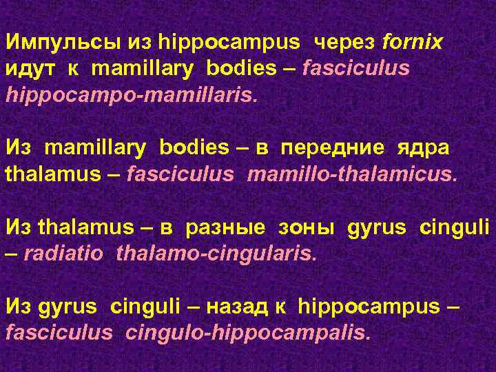 Импульсы из hippocampus через fornix идут к mamillary bodies – fasciculus hippocampo-mamillaris. Из mamillary