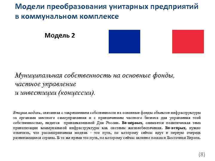 Модели преобразования унитарных предприятий в коммунальном комплексе Модель 2 Муниципальная собственность на основные фонды,