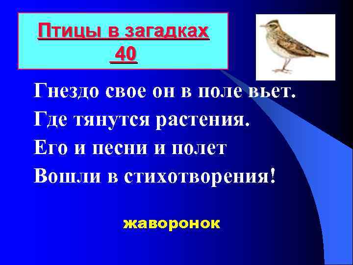 Птицы в загадках 40 Гнездо свое он в поле вьет. Где тянутся растения. Его