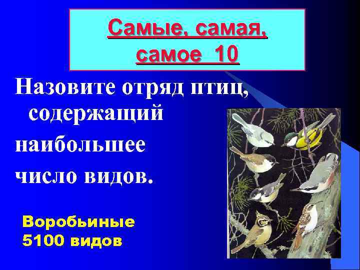 Самые, самая, самое 10 Назовите отряд птиц, содержащий наибольшее число видов. Воробьиные 5100 видов