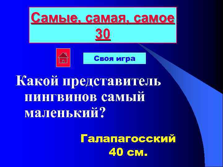 Самые, самая, самое 30 Своя игра Какой представитель пингвинов самый маленький? Галапагосский 40 см.