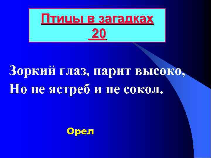 Птицы в загадках 20 Зоркий глаз, парит высоко, Но не ястреб и не сокол.