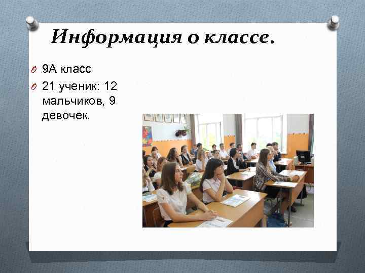 Информация о классе. O 9 А класс O 21 ученик: 12 мальчиков, 9 девочек.