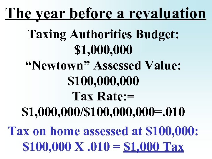 The year before a revaluation Taxing Authorities Budget: $1, 000 “Newtown” Assessed Value: $100,