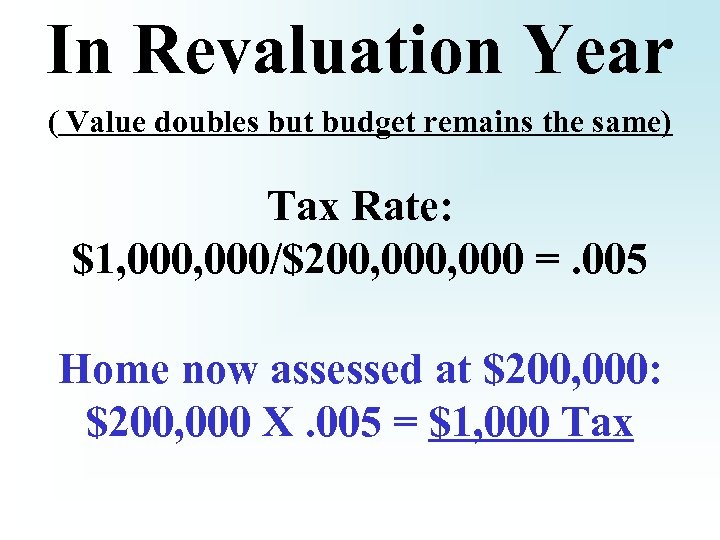 In Revaluation Year ( Value doubles but budget remains the same) Tax Rate: $1,