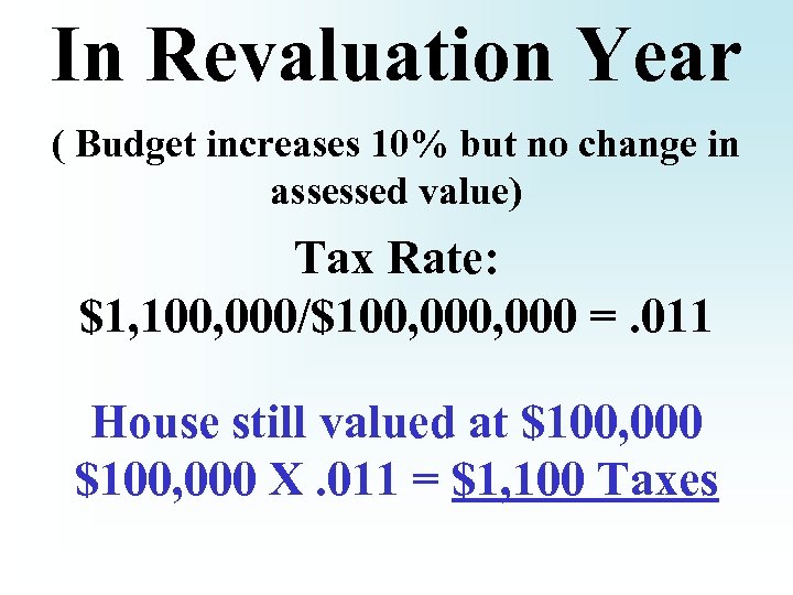 In Revaluation Year ( Budget increases 10% but no change in assessed value) Tax