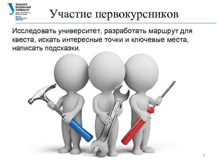 Участие первокурсников Исследовать университет, разработать маршрут для квеста, искать интересные точки и ключевые места,