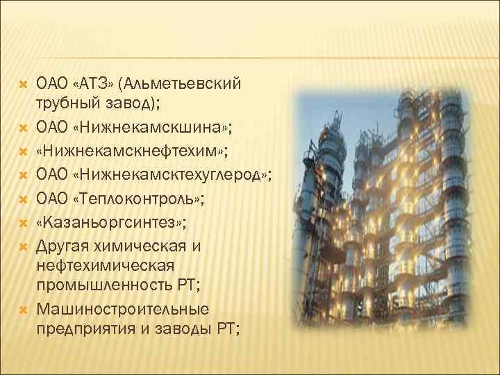  ОАО «АТЗ» (Альметьевский трубный завод); ОАО «Нижнекамскшина» ; «Нижнекамскнефтехим» ; ОАО «Нижнекамсктехуглерод» ;