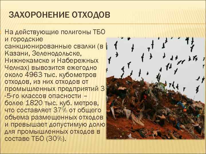  ЗАХОРОНЕНИЕ ОТХОДОВ На действующие полигоны ТБО и городские санкционированные свалки (в Казани, Зеленодольске,