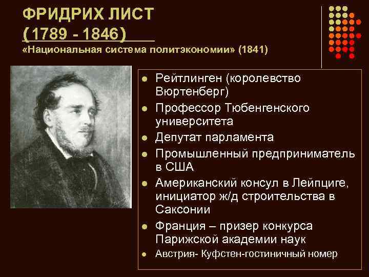 ФРИДРИХ ЛИСТ (1789 - 1846) «Национальная система политэкономии» (1841) l l l l Рейтлинген