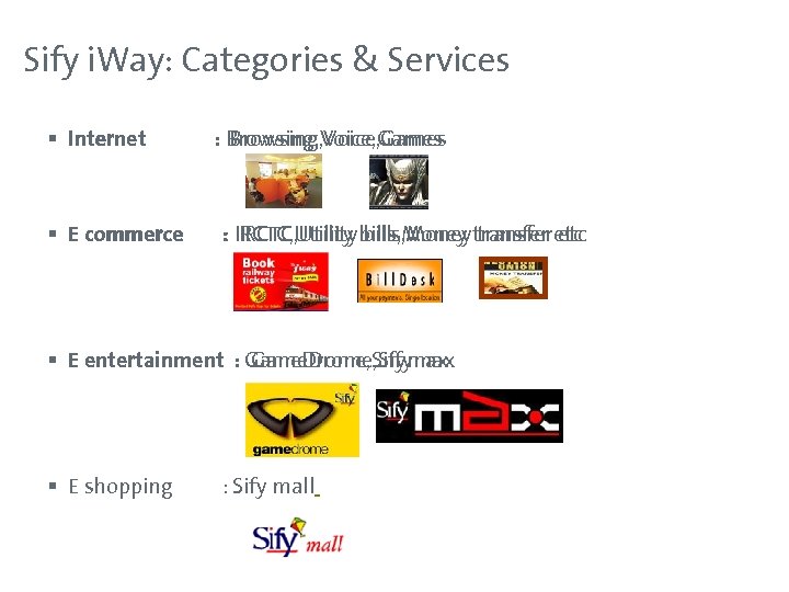 Sify i. Way: Categories & Services § Internet § E commerce Browsing, Voice, Games