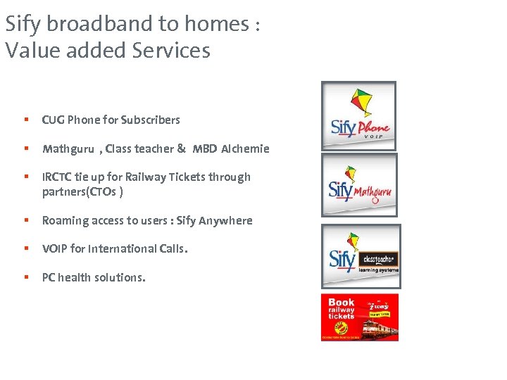 Sify broadband to homes : Value added Services § CUG Phone for Subscribers §