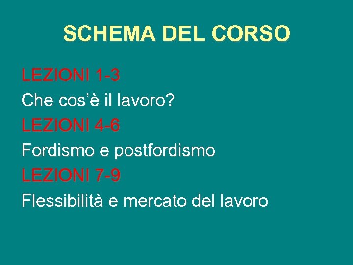 SCHEMA DEL CORSO LEZIONI 1 -3 Che cos’è il lavoro? LEZIONI 4 -6 Fordismo
