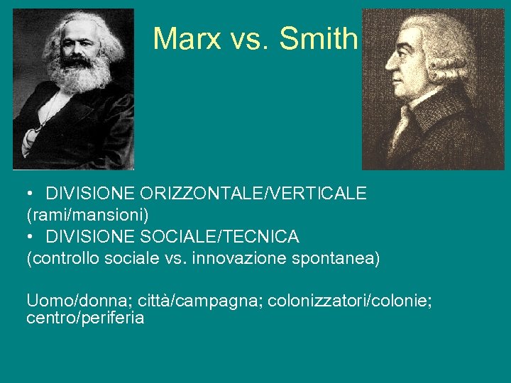 Marx vs. Smith • DIVISIONE ORIZZONTALE/VERTICALE (rami/mansioni) • DIVISIONE SOCIALE/TECNICA (controllo sociale vs. innovazione