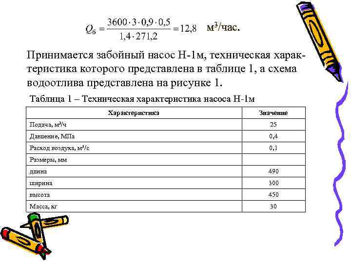 м 3/час. Принимается забойный насос Н-1 м, техническая характеристика которого представлена в таблице 1,