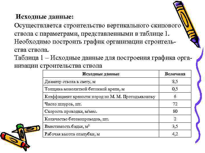 Исходные данные: Осуществляется строительство вертикального скипового ствола с параметрами, представленными в таблице 1. Необходимо