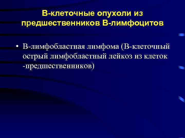 В-клеточные опухоли из предшественников В-лимфоцитов • В-лимфобластная лимфома (В-клеточный острый лимфобластный лейкоз из клеток