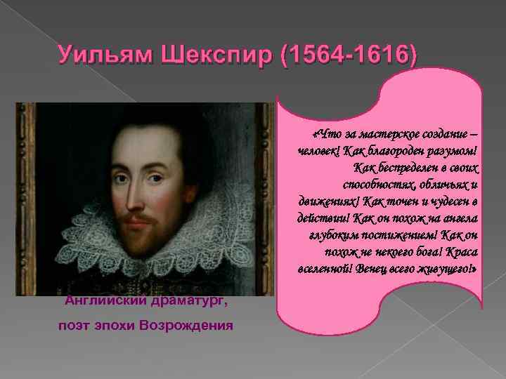 Уильям Шекспир (1564 -1616) «Что за мастерское создание – человек! Как благороден разумом! Как