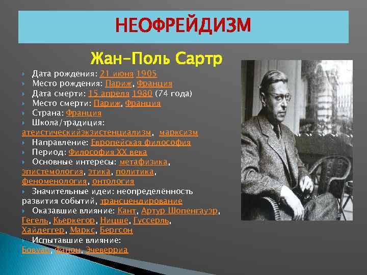 НЕОФРЕЙДИЗМ Жан-Поль Сартр Дата рождения: 21 июня 1905 Место рождения: Париж, Франция Дата смерти: