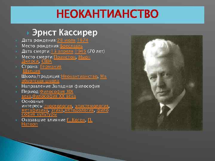 НЕОКАНТИАНСТВО Эрнст Кассирер Дата рождения: 28 июля 1874 Место рождения: Бреславль Дата смерти: 13