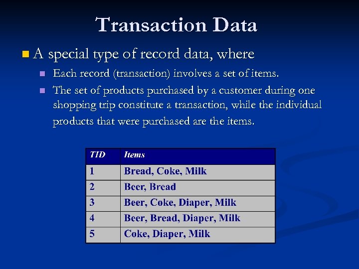 Transaction Data n A special type of record data, where n n Each record