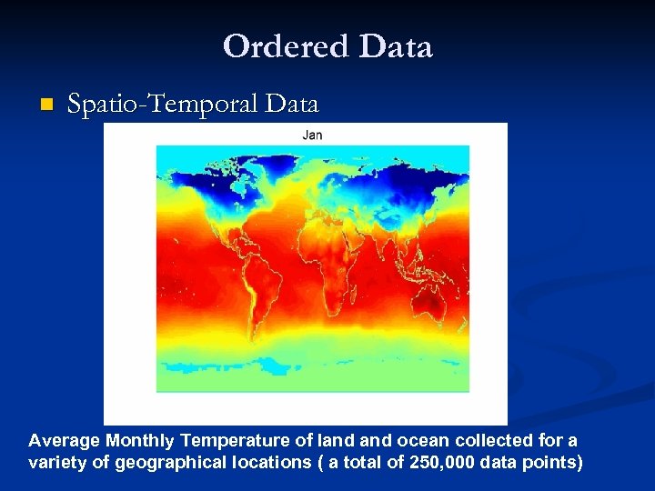 Ordered Data n Spatio-Temporal Data Average Monthly Temperature of land ocean collected for a