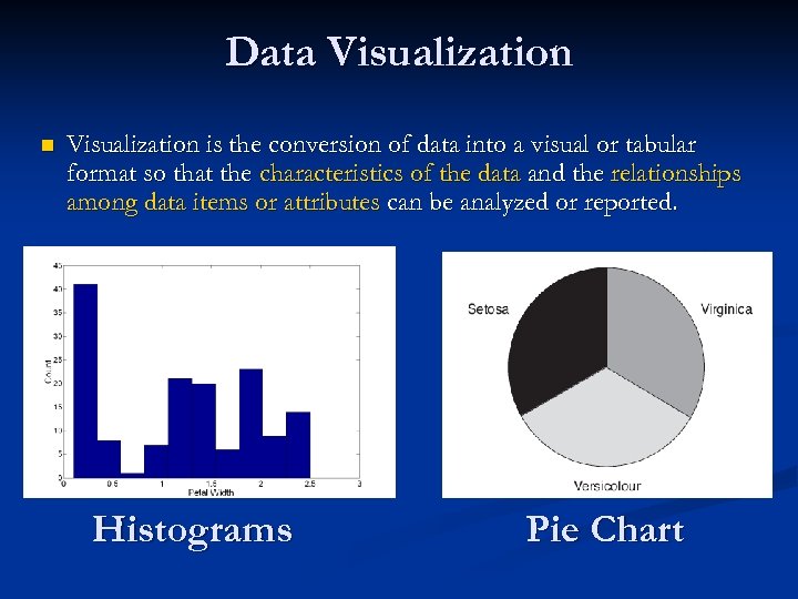 Data Visualization n Visualization is the conversion of data into a visual or tabular