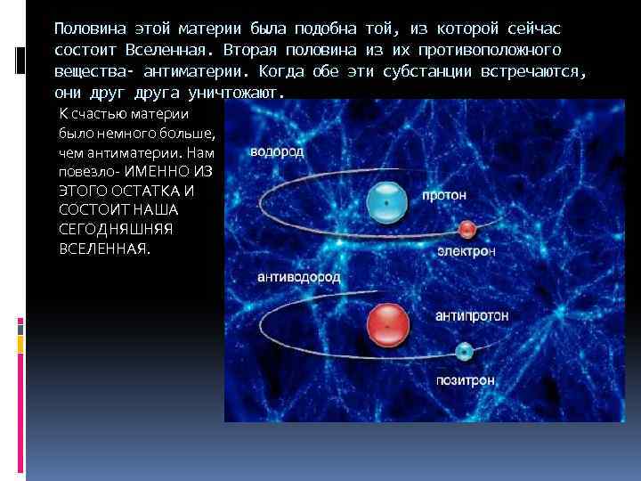 Половина этой материи была подобна той, из которой сейчас состоит Вселенная. Вторая половина из