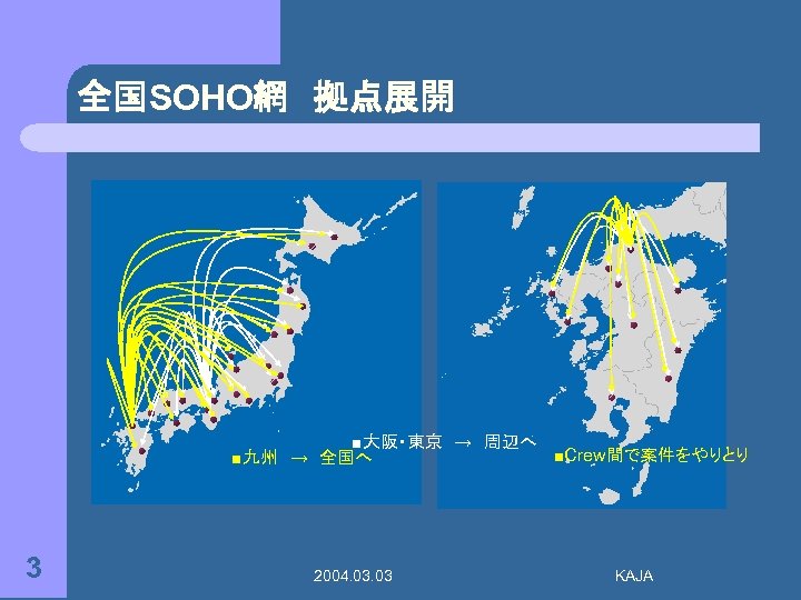 全国SOHO網　拠点展開 ■大阪・東京　→　周辺へ ■Crew間で案件をやりとり ■九州　→　全国へ 3 2004. 03 KAJA 